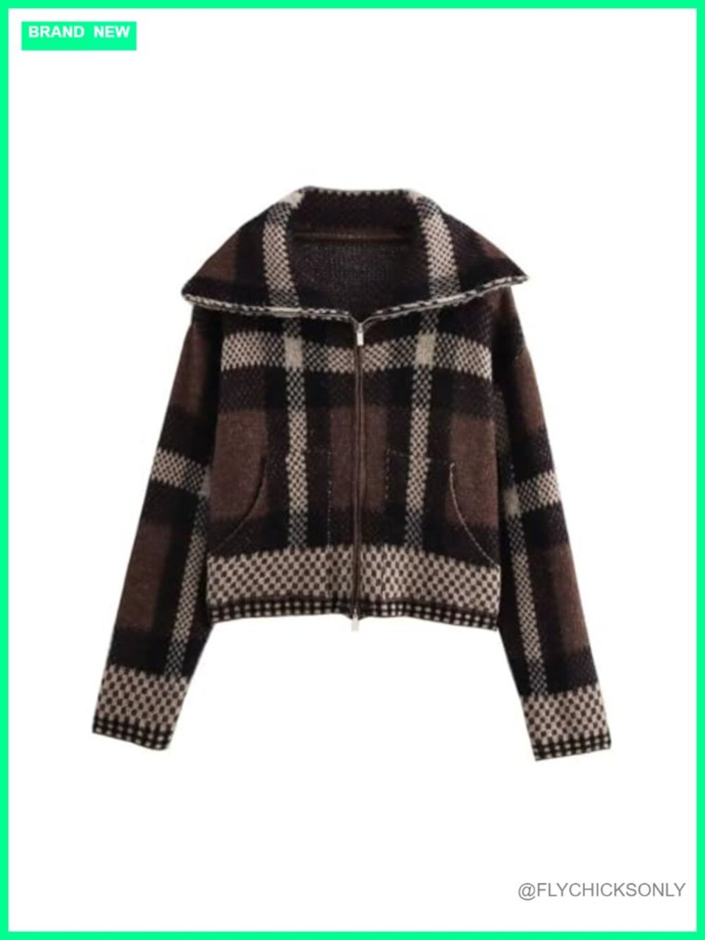 Vintage Checkered Cardigan Sweater - Long Sleeve Zip Up Knit Jacket
